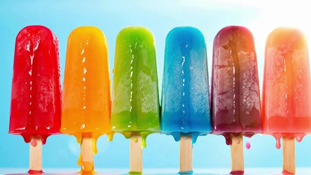 Row of Six Melting Rainbow Popsicles on Sticks with Blue Background