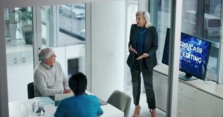 Woman, gene editing presentation and monitor with discussion, team or doctors for medical research project. Person, above and screen for genome science, dna innovation or talk in hospital boardroom