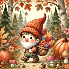 Cartoon gnome with orange hat carrying basket of autumn leaves walking through forest with pumpkins, mushrooms, flowers, and acorns.