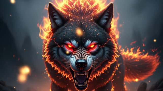 Fierce Fire Wolf with Glowing Red Eyes and Fiery Mane Roaring in Dark, Smoky Environment
