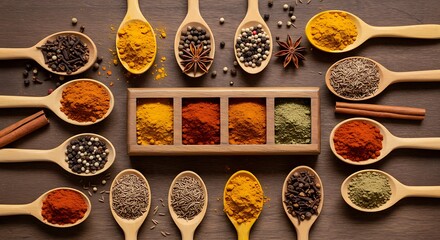 Assortment of spices in wooden spoons and a spice box