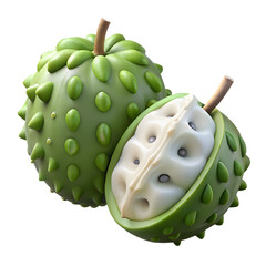 Green soursop fruit with one half cut open showing white flesh