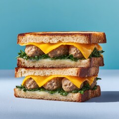 Two toasted bread slices layered with meatballs, cheese, and greens, creating a hearty double-decker sandwich