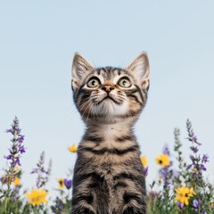 Fototapeta premium A curious kitten gazes upward amidst colorful wildflowers.