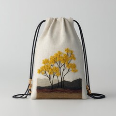 Off-white drawstring bag, featuring an embroidered scene of three stylized yellow trees on a minimalist landscape.  Black cords and wooden toggles