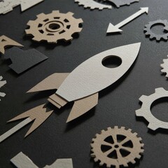 Paper rocket launching amidst cogs and arrows on dark background; symbolizes innovation, growth, and progress