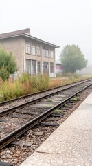 Ethereal Fog Engulfs Abandoned Railway Tracks and an Old Station Building, Evoking a Sense of Timeless Journey and Solitude.