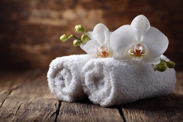 White spa towels rolled with orchid blooms