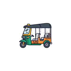 Fototapeta premium A cheerful cartoon illustration of a three-wheeled tuk-tuk, a common mode of transportation in Southeast Asia.