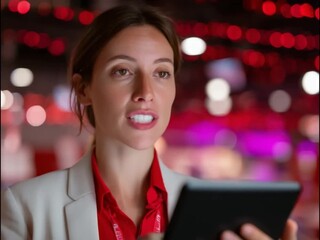 Focused Professional in Meeting: A determined professional, holding a tablet, is immersed in a focused discussion during a conference, capturing a moment of engagement and insight.