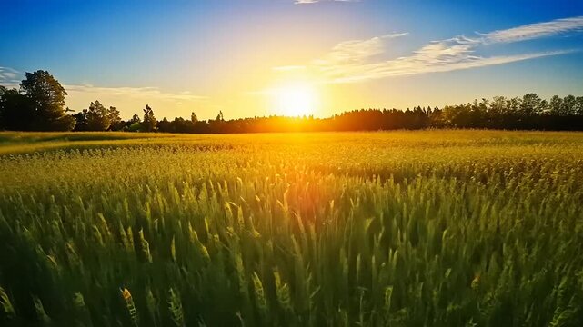 Serene sunset over a golden field with vibrant green grass and a tranquil forest backdrop