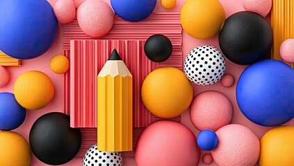 A vibrant, geometric arrangement of colorful spheres and textured shapes, with a yellow pencil centered