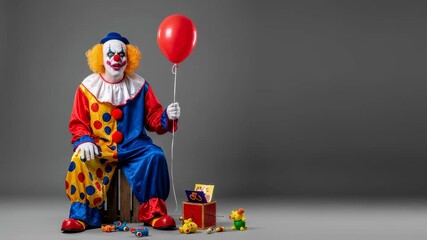 Scary clown holding red balloon, ready for Halloween, with toys around a jack-in-the-box footage.