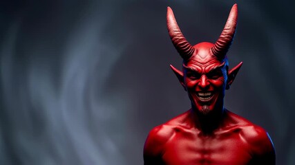 Smiling red devil man with horns and pointy ears on red and dark smoky background, Halloween monster concept video footage. - Powered by Adobe