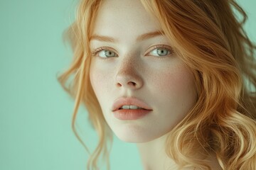 Fototapeta premium Close-up portrait of a woman with reddish-blonde hair and a delicate complexion.