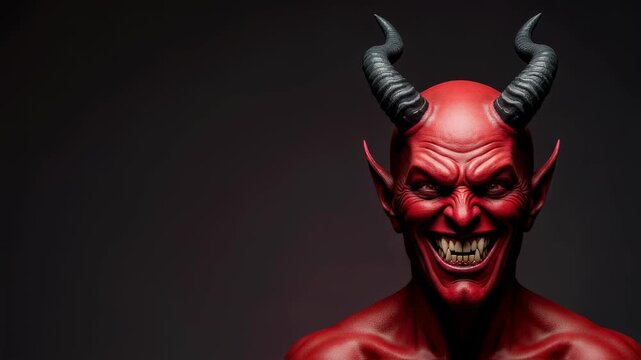 Red devil with black horns and evil smile on dark background, halloween concept, monster theme footage.