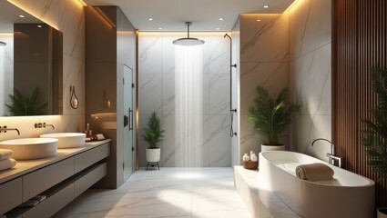 Modern bathroom with a rain shower and soaking tub.
