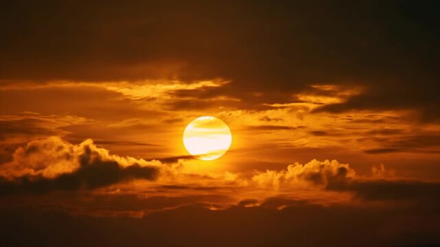 The sun sets behind the clouds, painting the sky in shades of orange