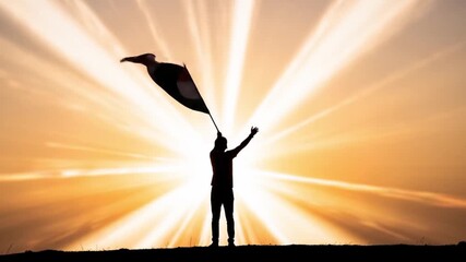 Silhouette person holds India flag at sunset. Patriotic, national pride, Indian Independence Day, cultural celebration, diverse background, national holidays.