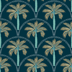 Seamless palm tree pattern featuring tropical botanical elements. This design is perfect for summer.	
