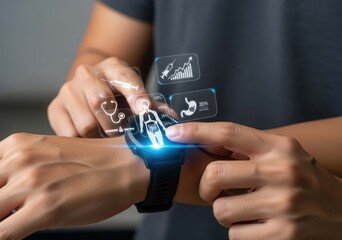 Futuristic smartwatch interface interaction with holographic display