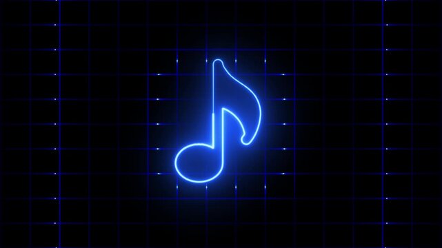 Neon blue eighth note on a dark grid background music