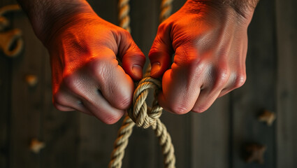 Top-view of two hands grasping a rope, with each hand pulling in the opposite direction