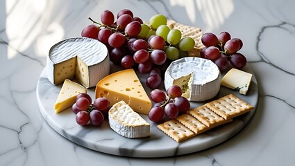 Elegant cheese platter with assorted cheeses, fresh red and green grapes, and crackers on a marble serving board