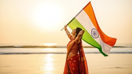 Smiling woman proudly holds Indian flag at beach. Suitable for patriotic and travel themed designs, advertisements, and social media posts.