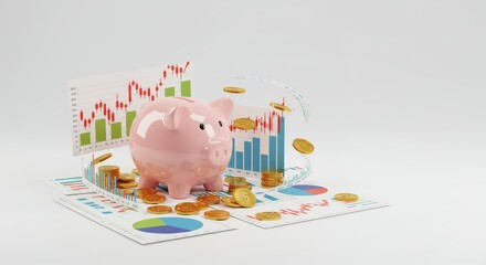 personal finance wealth optimization concept. Piggy bank surrounded by financial charts and coins.