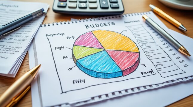 personal finance wealth optimization concept. Colorful pie chart on budget analysis with stationery on a desk.