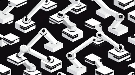 Robotic arm seamless pattern with mechanical industrial automation equipment on black background, futuristic and precise design