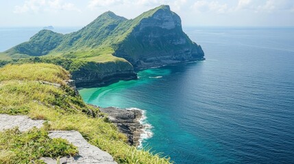 Fototapeta premium Coastal Clifftop Vista Green Hills, Turquoise Waters, High-Angle Composition, Island Landscape, Okinawa, Japan. Okinawa, Island