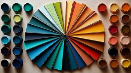 Color Wheel Paint Samples Fan Composition, Diverse Hues, Design Concept, paint swatches, color palette paint chart, color guide