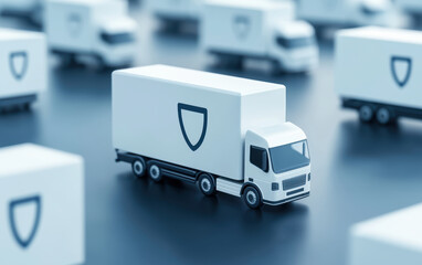 White delivery truck model with shield logo on side, surrounded by similar trucks, symbolizing secure logistics and transport