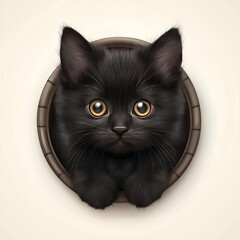 A cute black kitten peeking out from a circular opening.