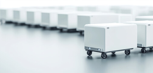Autonomous delivery robots moving in line on smooth surface, showcasing futuristic technology and automation innovation