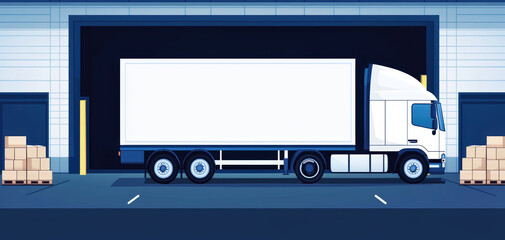 White delivery truck parked at warehouse loading dock with stacked cardboard boxes and industrial building exterior