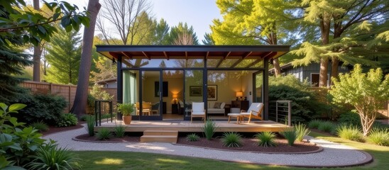 Backyard tiny house concept. Modern house surrounded by greenery, featuring large windows and a cozy patio area.