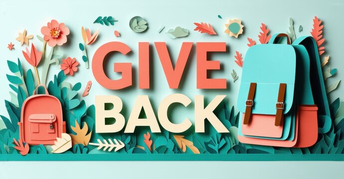Papercraft illustration shows backpacks, foliage, text give back. Bright colors, positive message, community support concept.