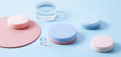 Soft pastel cosmetic containers and glass jars arranged on light blue surface, evoking calm and delicate beauty care concept