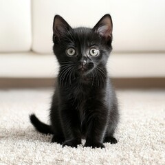 A cute black kitten sitting on a carpet, looking curiously at the camera.