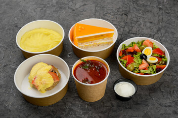 mega lunch borscht, meat with cheese, potatoes with salad and dessert