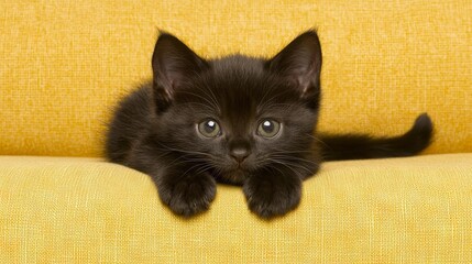 A cute black kitten resting on a bright yellow surface.
