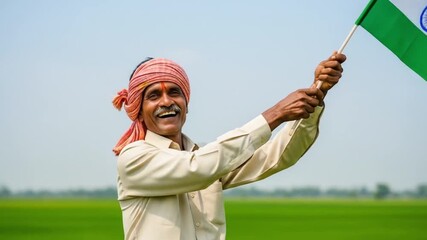 Indian farmer celebrating independence day, waving flag in lush green field. Suitable for Indian holidays, patriotism, agriculture, and culture concepts.