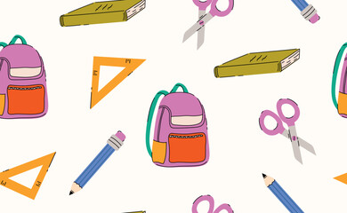 School stationery seamless pattern. Hand drawn cool children supplies, geometric elements, pencil, book, backpack, ruler for education, sticker, banner. Back to school background. Flat vector illustr 