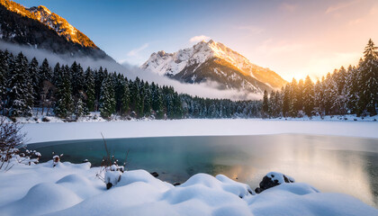 Snowy Alps lake sunset landscape.
