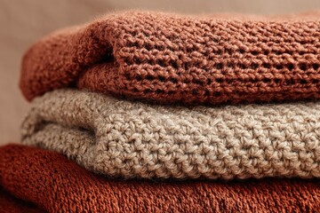 Stacked knit sweaters in warm tones
