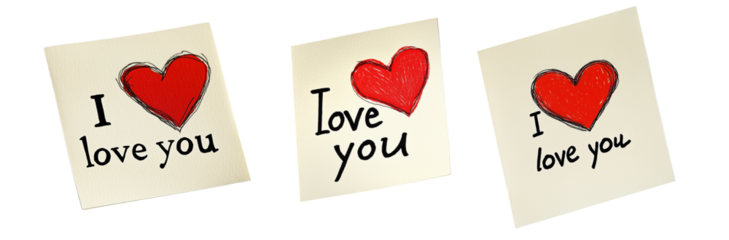 Set of Hand drawn red heart sketch with I Love You text below placed on a yellow textured paper isolated on white transparent background. Concept of love and affection