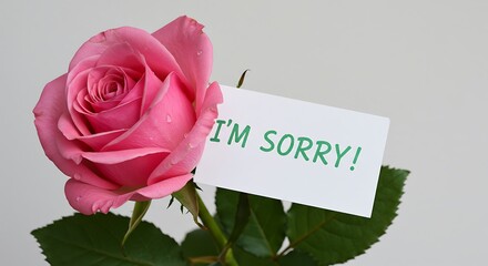 Single pink rose holding an "I'M SORRY!" note, conveying a message of regret.


